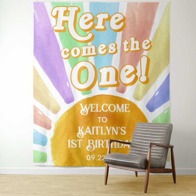 Here Comes The One! Retro Boho Sun 1st Birthday Tapestry (In Situ)