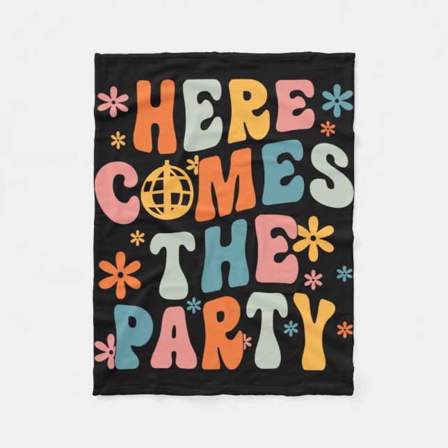 Here Comes The Party Bride Squad Retro Bachelorett Fleece Blanket (Front)