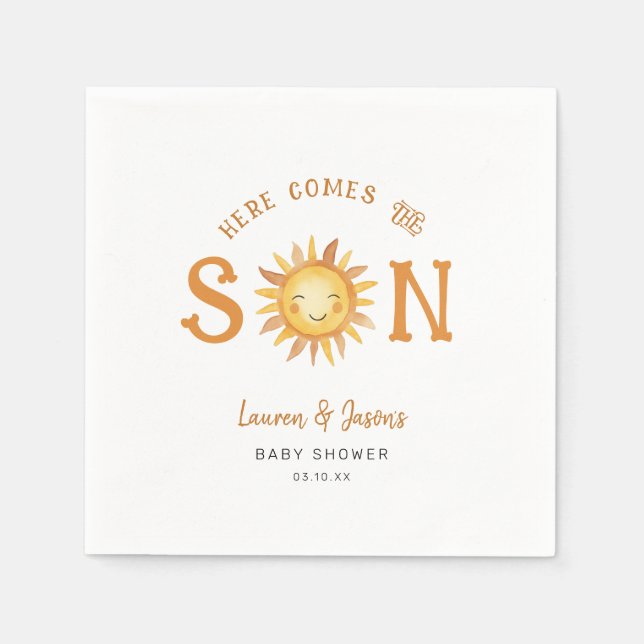 Here Comes The Son Baby Boy Couples Baby Shower Napkin (Front)