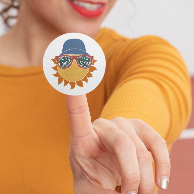 Here Comes the Son Baby Boy Shower Classic Round Sticker (Creator Uploaded)