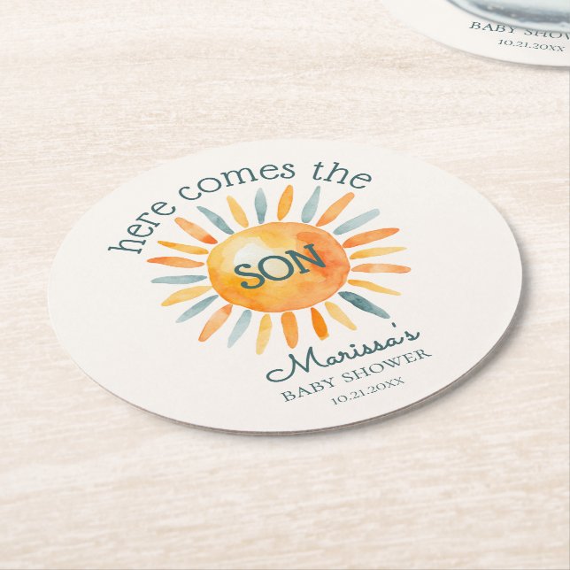 Here Comes the Son Baby Boy Shower Round Paper Coaster (Angled)