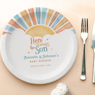 Here Comes the Son Baby Shower Boy Sun Paper Plate