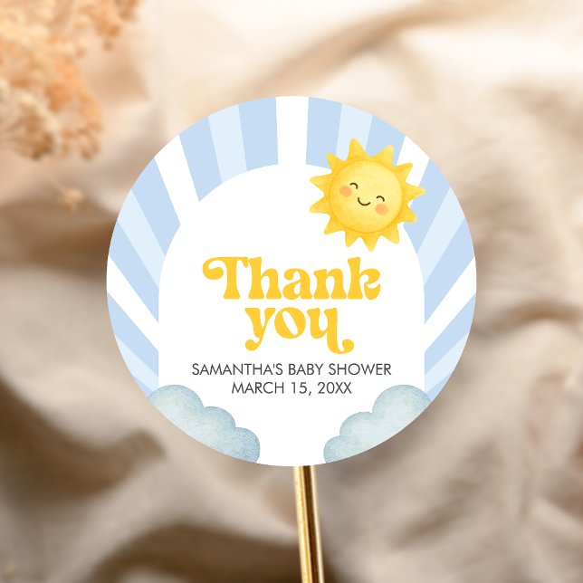 Here Comes the Son Baby Shower Classic Round Sticker (Here Comes the Sun Baby Shower Sticker)