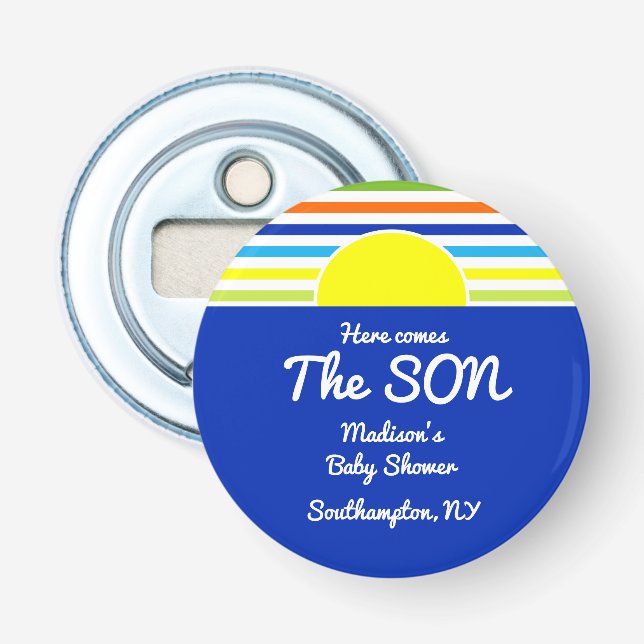 Here Comes The Son Baby Shower Favour Bottle Opener (Front)