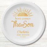 Here Comes The Son Baby Shower Paper Plate<br><div class="desc">Decorate your sun-themed boy's baby shower with these cute paper plates.
They feature the text "Here Comes The Son" in stylish typography with a yellow watercolor sun.
Easily customizable.
Original Watercolor © Michele Davies.</div>