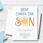 Here Comes The Son Baby Shower Thank You Postcard<br><div class="desc">This fun boy's baby shower thank you card features the text "Here Comes The Son" in blue retro typography with a cute smiling yellow watercolor sun. Easily customizable. Because we create our artwork you won't find this exact image from other designers. Original Watercolor © Michele Davies.</div>
