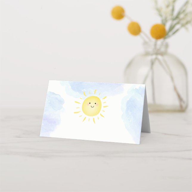 Here Comes the Son Blue Sunshine Baby Shower Place Card (Front)