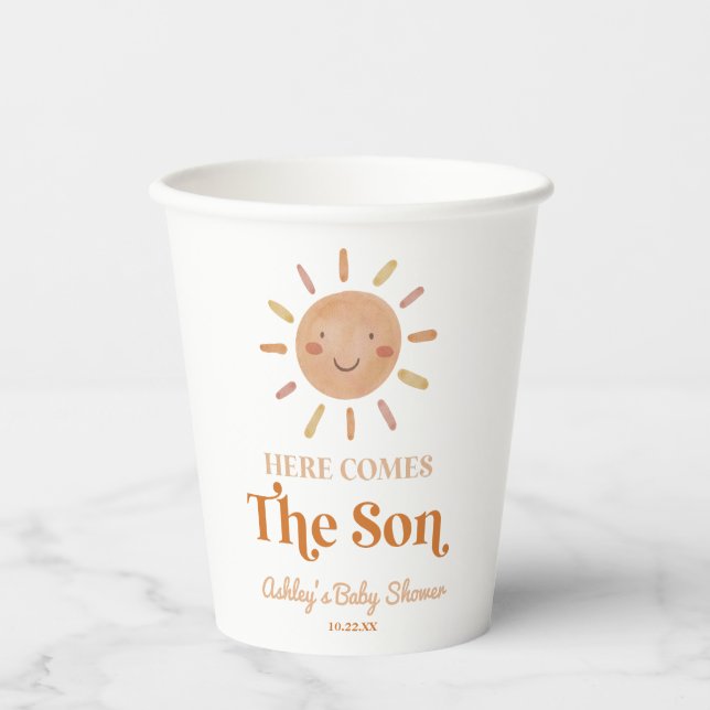 Here Comes The Son Boho Bohemian Retro Baby Shower Paper Cups (Front)