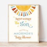Here Comes the Son Boho Boy Baby Shower Welcome Poster<br><div class="desc">This charming sign features an adorable boho design with a watercolor sun, set against a soft vintage white background. The muted colours of yellow, orange, and blue, along with the retro font, create a warm and inviting atmosphere. Perfect for greeting guests as they arrive, this sign is sure to set...</div>