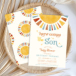 Here Comes the Son Boho Retro Boy Baby Shower Invitation<br><div class="desc">This adorable boho invitation features a watercolor sun,  set against a soft vintage white background. The muted colours of yellow,  orange,  and blue combined with the retro font add a charming 70s feel. Fully customizable with your details,  this invitation is perfect for welcoming your little ray of sunshine.</div>