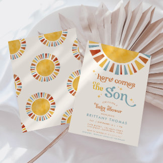 Here Comes the Son Boho Retro Boy Baby Shower Invitation