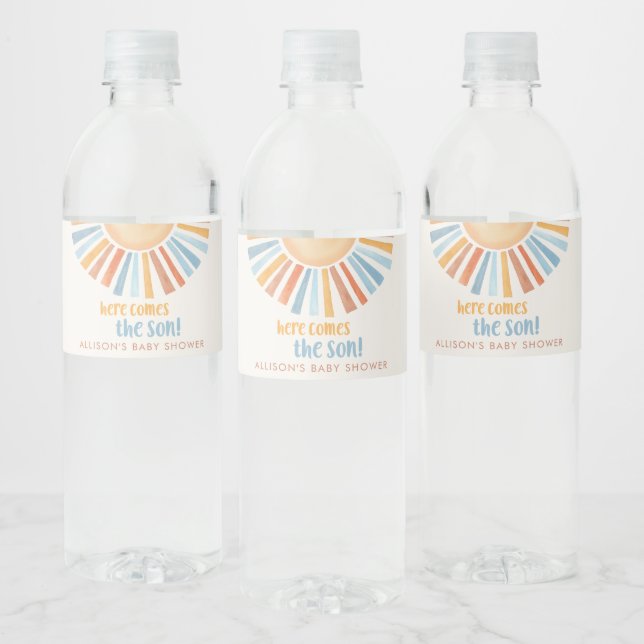 Here comes the SON boy baby shower Water Bottle Label (Bottles)