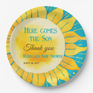 Here Comes the Son Boy Blue Sunshine Baby Shower Paper Plate