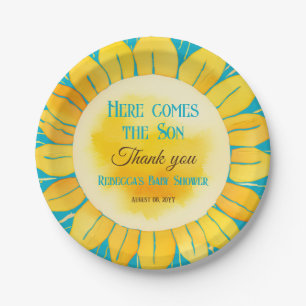 Here Comes the Son Boy Blue Sunshine Baby Shower Paper Plate