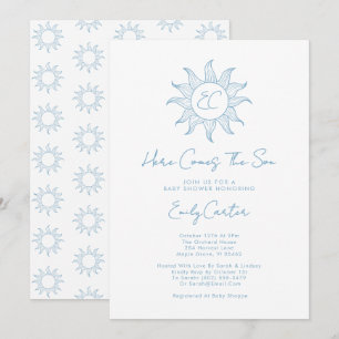 Here Comes The Son Boy Sunshine Baby Shower Blue Invitation