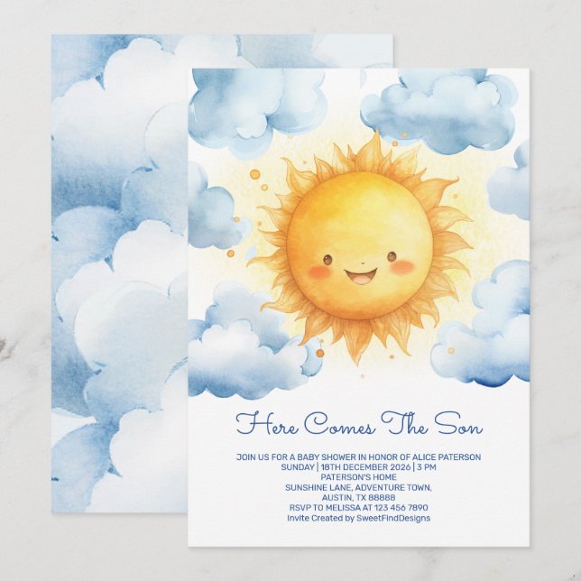 Here Comes The Son Editable Baby Boy Shower Invitation (Front/Back)