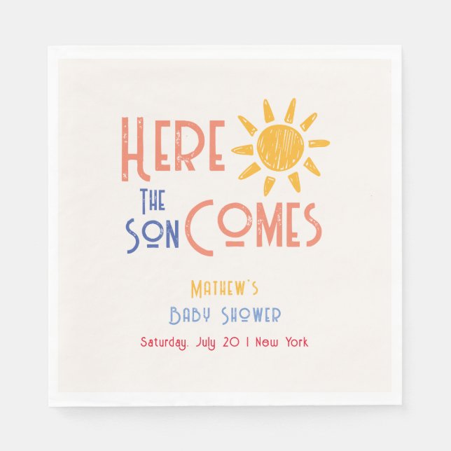 Here Comes The Son Minimal Retro Sun Baby Shower  Napkin (Front)