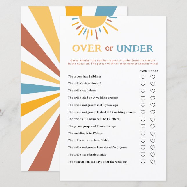 Here Comes The Son Over or Under Game Cards (Front/Back)