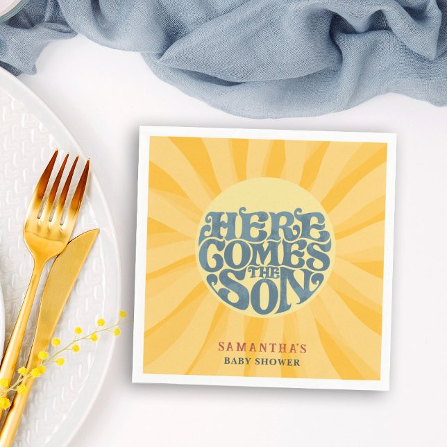 Here Comes the Son Retro Baby Shower Napkin (Here comes the son baby shower napkin with a sun with rays in the background with retro typography.)