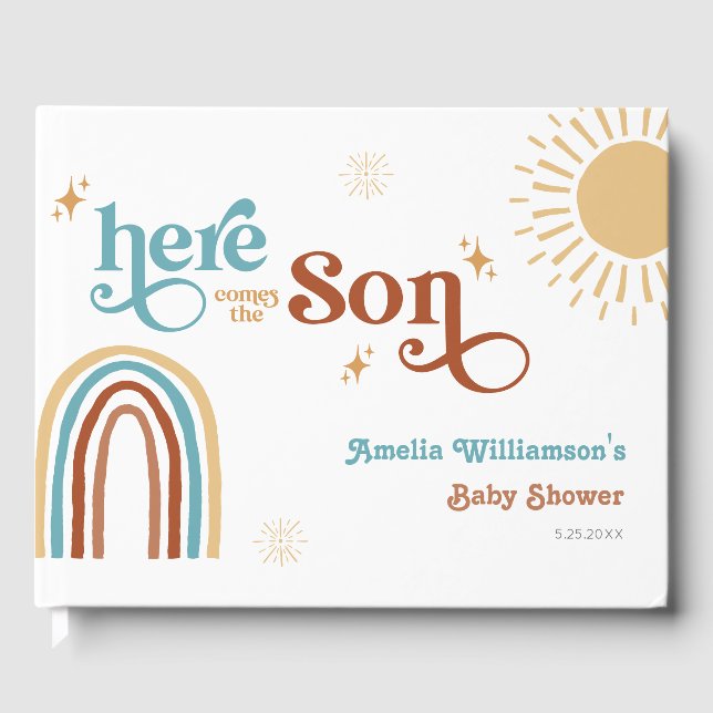 Here Comes the Son Retro Boho Boy Baby Shower Guest Book (Front)