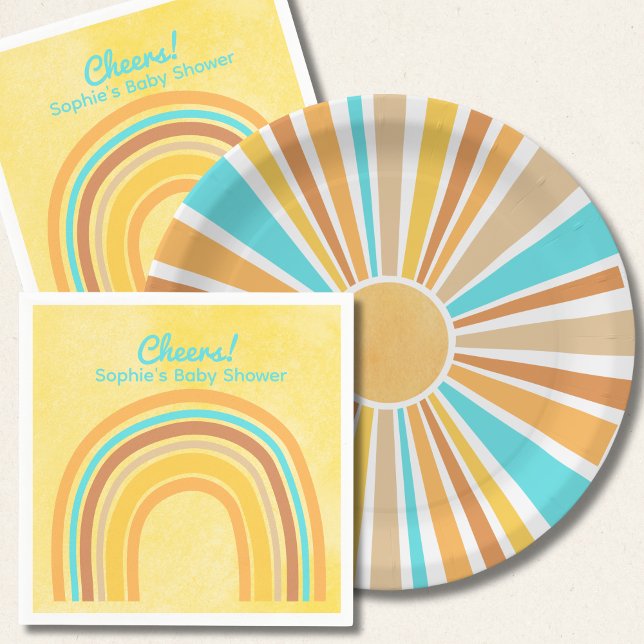Here Comes The Son, Retro Boho Rainbow Round Paper Plate (Creator Uploaded)
