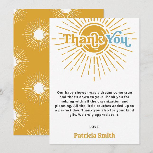 Here comes the son retro boy baby shower thank you card (Front/Back)