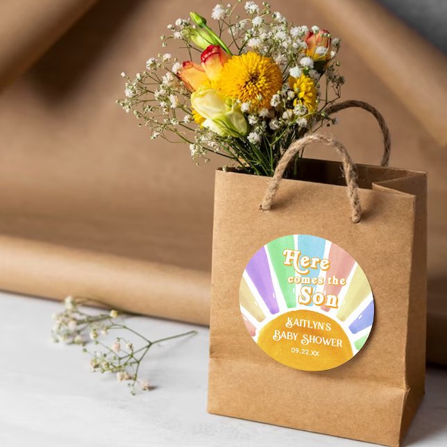 Here Comes The Son Retro Boys Baby Shower Classic Round Sticker (Creator Uploaded)