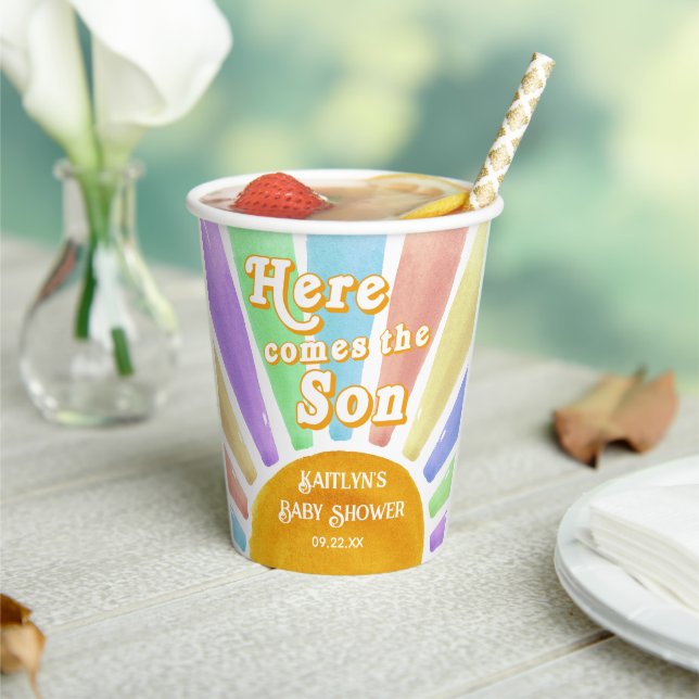 Here Comes The Son Retro Boys Baby Shower Paper Cups (Insitu)