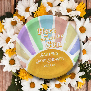 Here Comes The Son Retro Boys Baby Shower Paper Plate