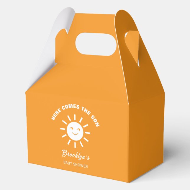 Here Comes The Son Sun Baby Shower Orange White Favor Box (Front)