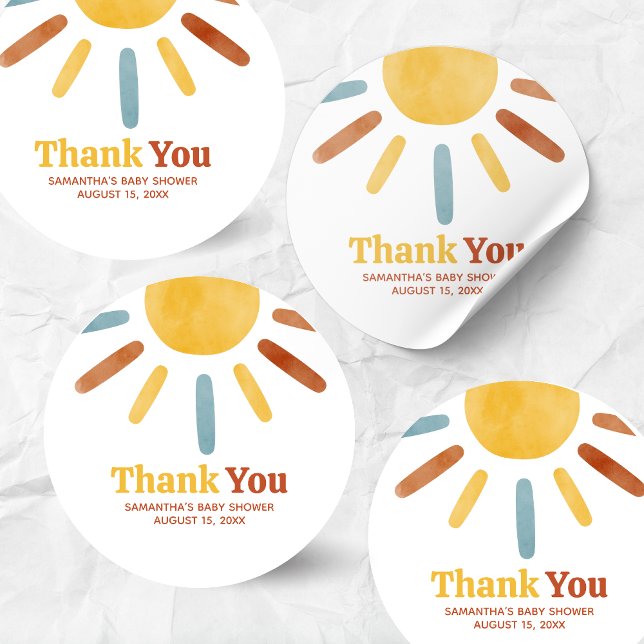 Here comes the Son Sunshine Baby Shower Classic Round Sticker (Here comes the Sun Baby Shower Round Sticker)