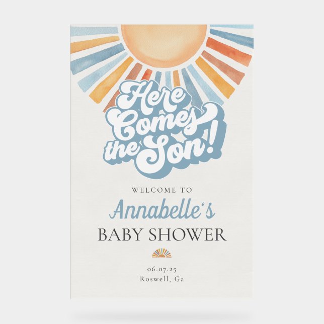 Here Comes the Son Sunshine Baby Shower Welcome Acrylic Sign (Front)