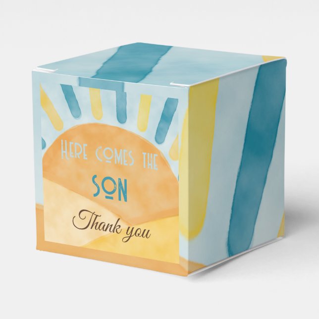 Here Comes the Son Sunshine Blue Ray Baby Shower Favor Box (Front Side)