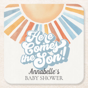Here Comes the Son Sunshine Boy Baby Shower Party Square Paper Coaster