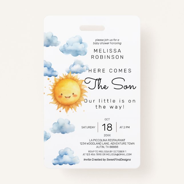 Here comes the Son Watercolor Baby Boy Shower Badge (Front)