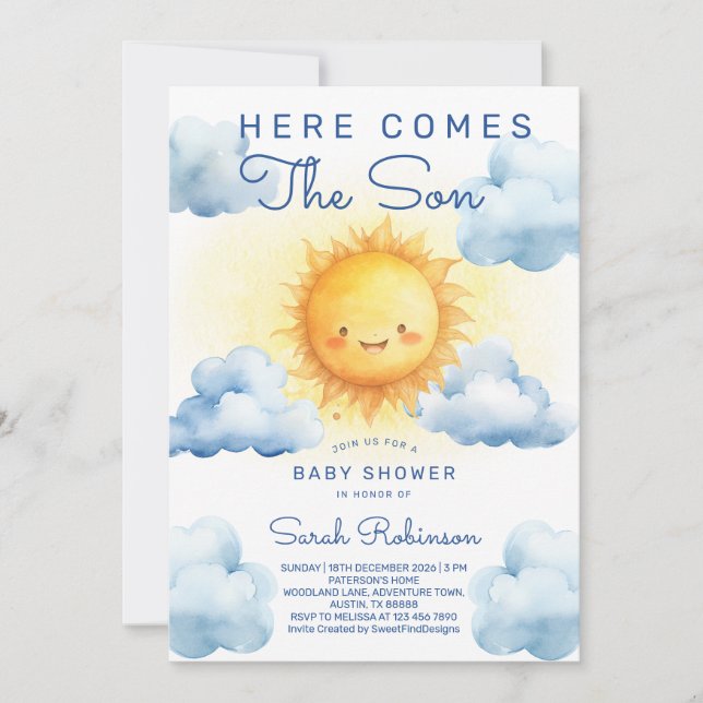 Here comes the son Watercolor Baby boy shower Invitation (Front)