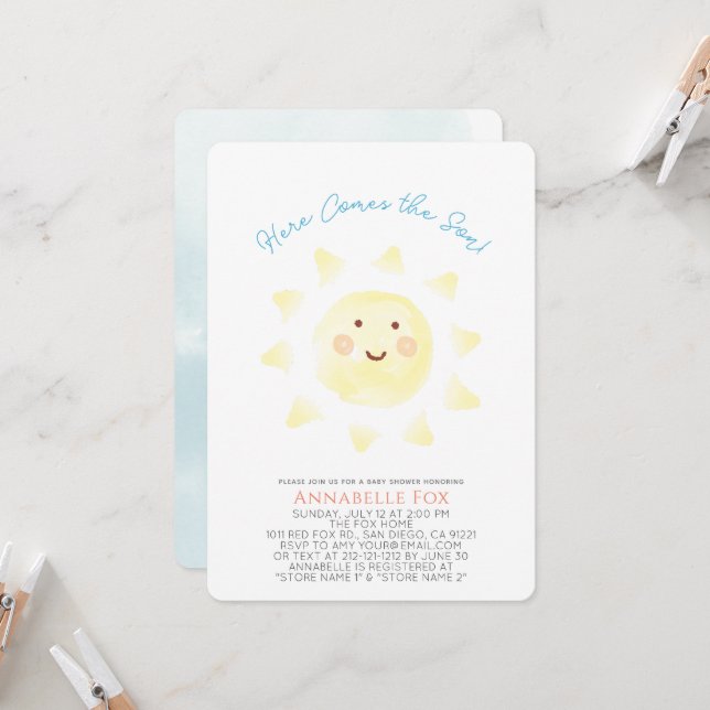 Here Comes the Son Watercolor Boy Baby Shower Invitation (Front/Back In Situ)