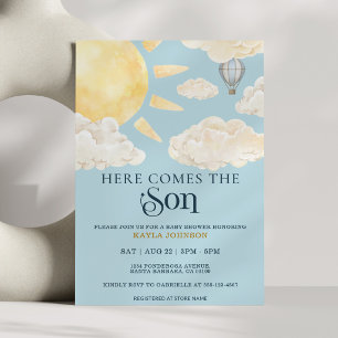 Here Comes the Son Watercolor Sun Cloud Whimsical Invitation