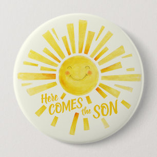 Here comes the son yellow sun whimsy baby shower 4 inch round button