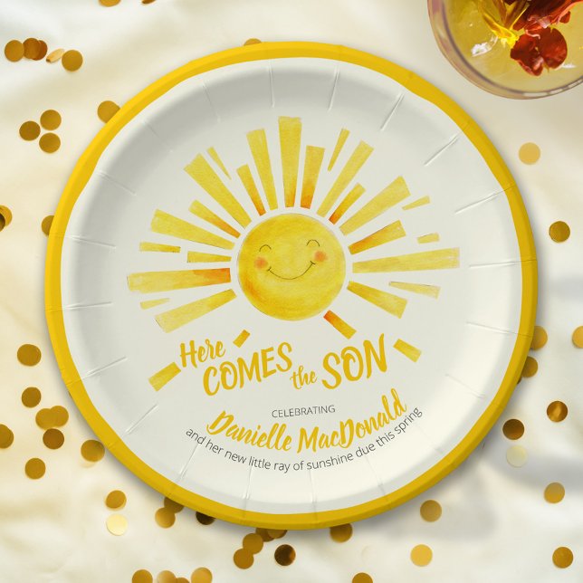 Here comes the son yellow sun whimsy baby shower paper plate (Creator Uploaded)