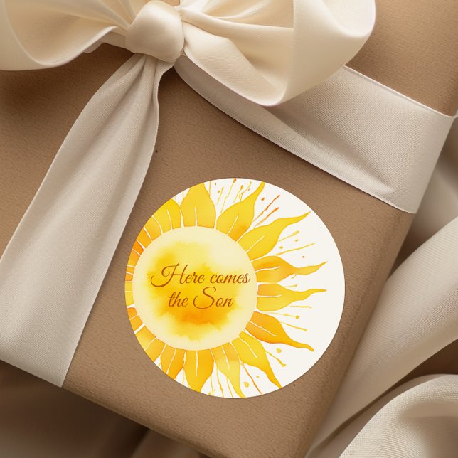 Here Comes the Son Yellow Sunshine Baby Shower Classic Round Sticker (Creator Uploaded)