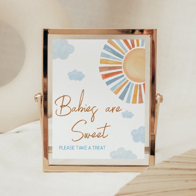 Here Comes The Sun Baby Shower Babies are Sweet Poster (Blue Boho Sunshine Baby Shower Babies are Sweet Sign)