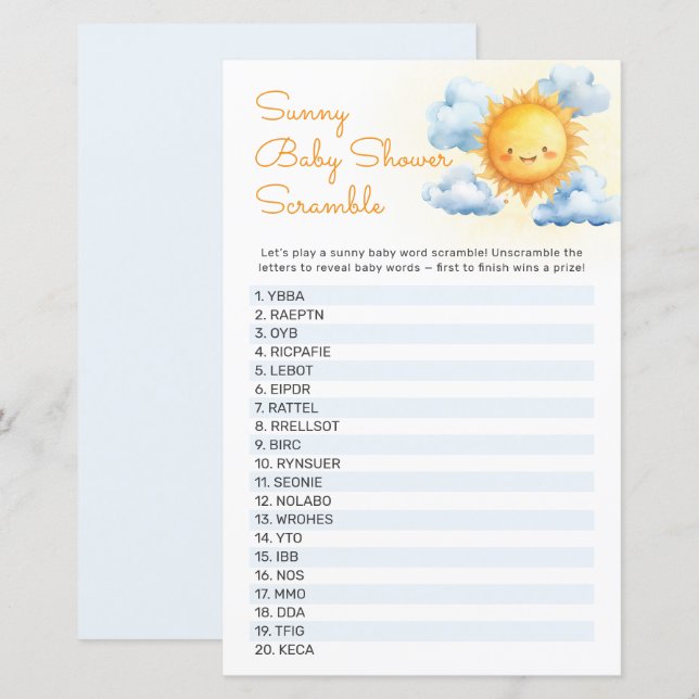 Here Comes the Sun Baby Shower Game (Front/Back)