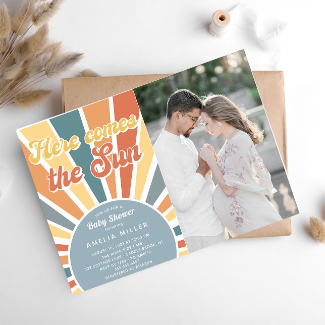 Here Comes The Sun Baby Shower Rainbow Photo Invitation (Creator Uploaded)