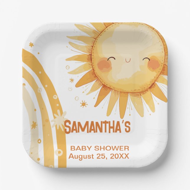 Here comes the Sun boho baby shower Enclosure Card Paper Plate (Front)