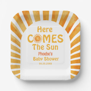 Here Comes The Sun Boho Retro Sunshine Baby Shower Paper Plate