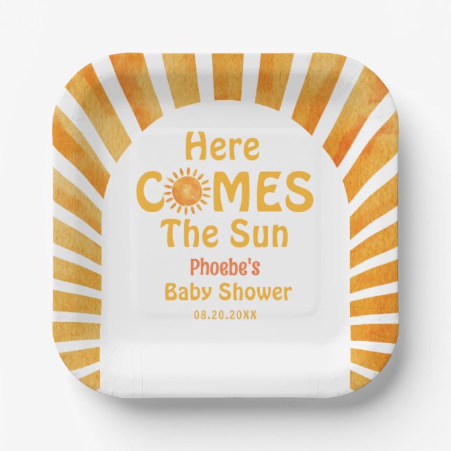 Here Comes The Sun Boho Retro Sunshine Baby Shower Paper Plate (Front)