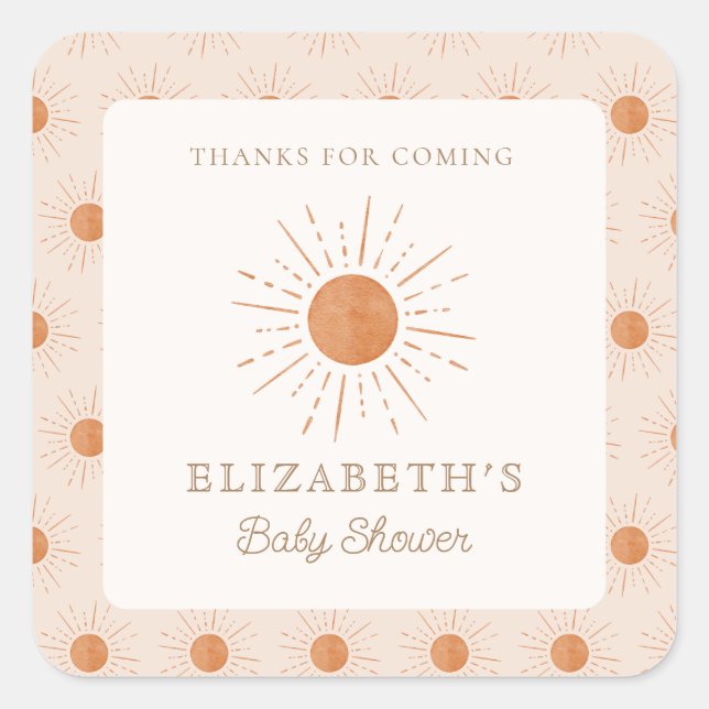 Here comes the sun Burnt Orange Sun Baby Shower Square Sticker (Front)