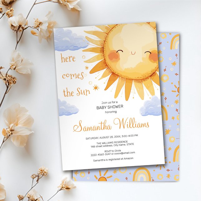 Here Comes the Sun cute Baby Shower Invitation (Here comes the Sun watercolor cute baby shower invitation )