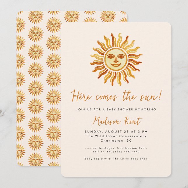 Here Comes the Sun Modern Boho Sun Baby Shower Invitation (Front/Back)